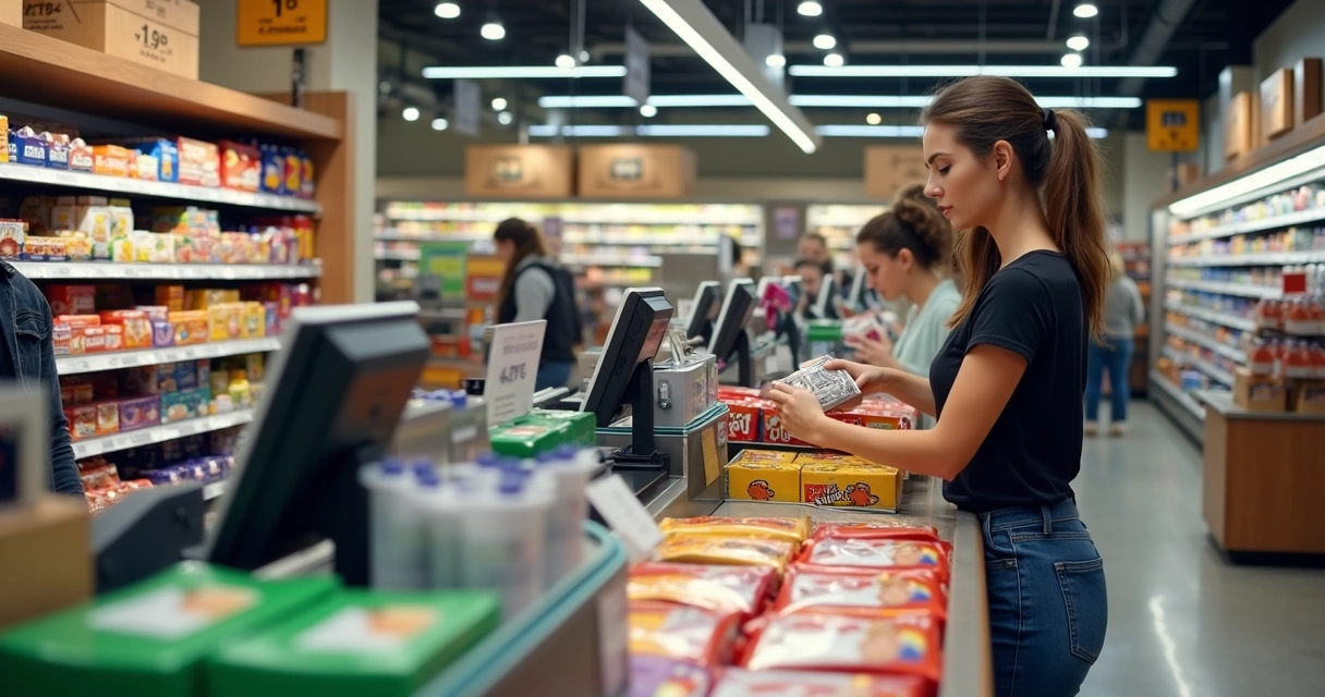 Exposição de produtos ao lado de um caixa de supermercado 