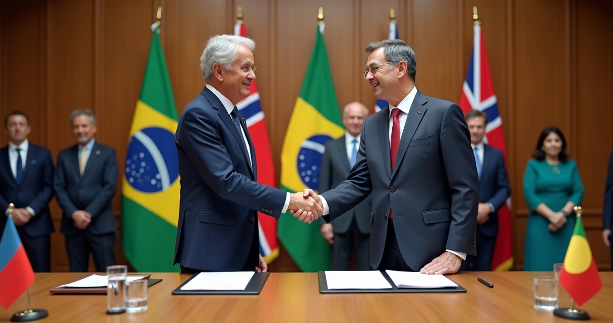 Líderes políticos de Brasil e Noruega apertando as mãos diante de bandeiras dos dois países 