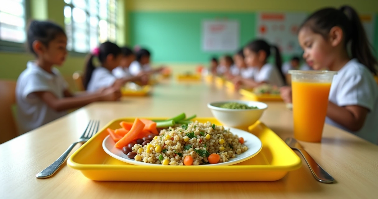 Bandeja de merenda escolar colorida com prato de arroz, legumes e moringa em refeitório infantil 