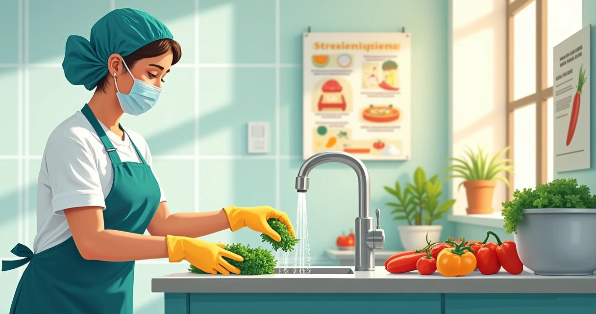 Merendeira higieniza legumes na cozinha escolar. 
