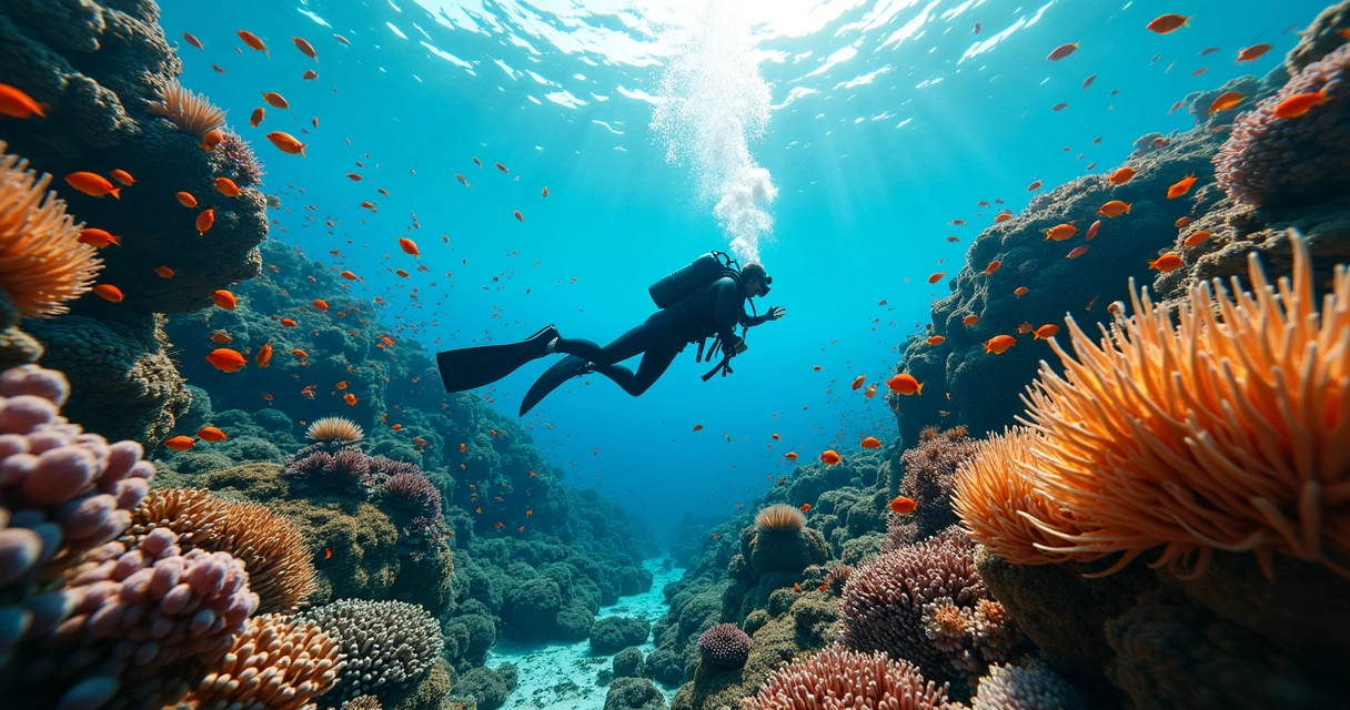 Mergulho com peixes coloridos em volta de corais 