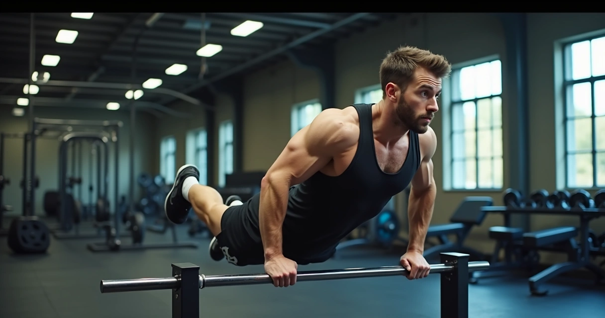 Pessoa fazendo mergulho em paralelas na academia