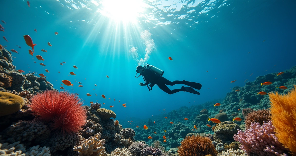 Mergulhador entre corais e peixes tropicais em Sharm el-Sheikh 