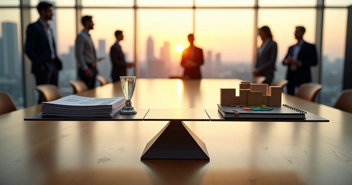 Balança de justiça equilibrando resultados individuais e colaboração em ambiente corporativo 