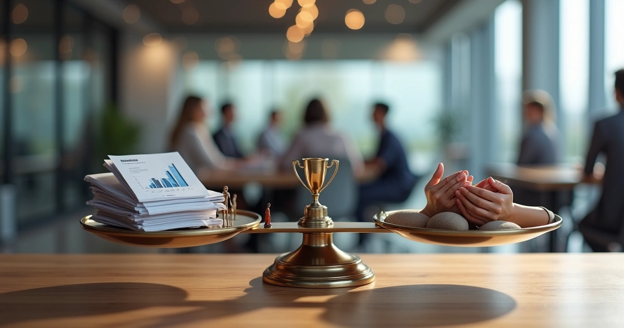 Balança com lado da meritocracia e lado do pertencimento em ambiente corporativo 