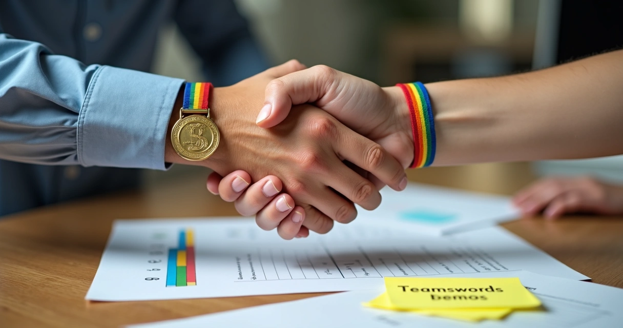 Duas mãos se apertando, uma que segura uma medalha, outra com pulseira de arco-íris 