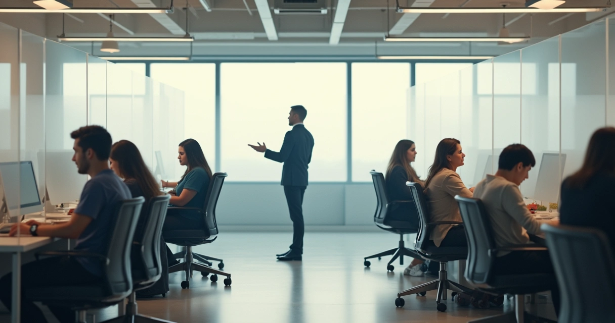 Employees in an office with invisible barriers between them. 
