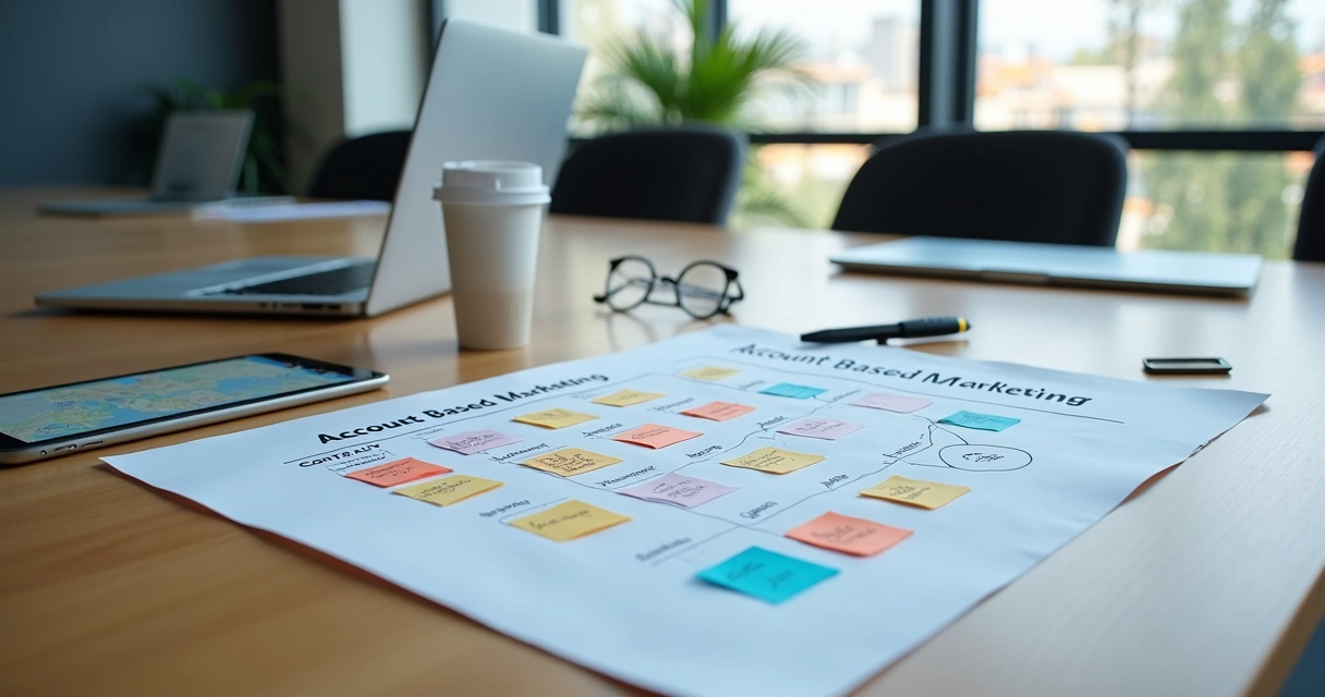Mapa de contas alvo de ABM em mesa de reuniao empresarial 