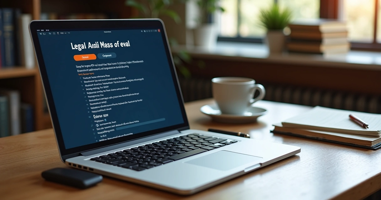 Mesa de advogado com notebook aberto, anotações de prompts, aplicativos gratuitos visíveis na tela 