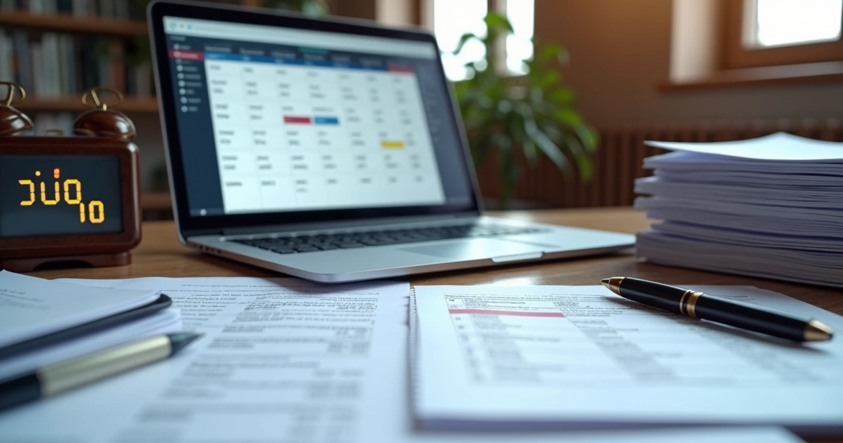 Mesa de advogado organizada com documentos, calendário judicial e notebook para controle de prazos recursais