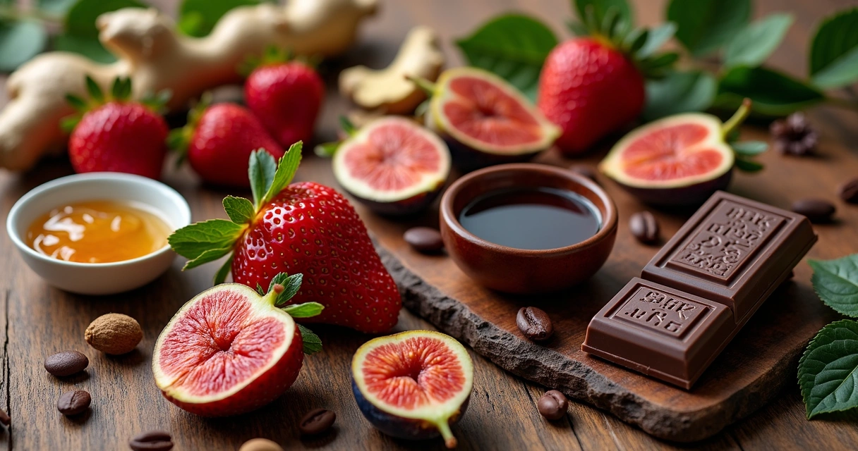 Mesa com ingredientes afrodisíacos naturais e chocolate Love.