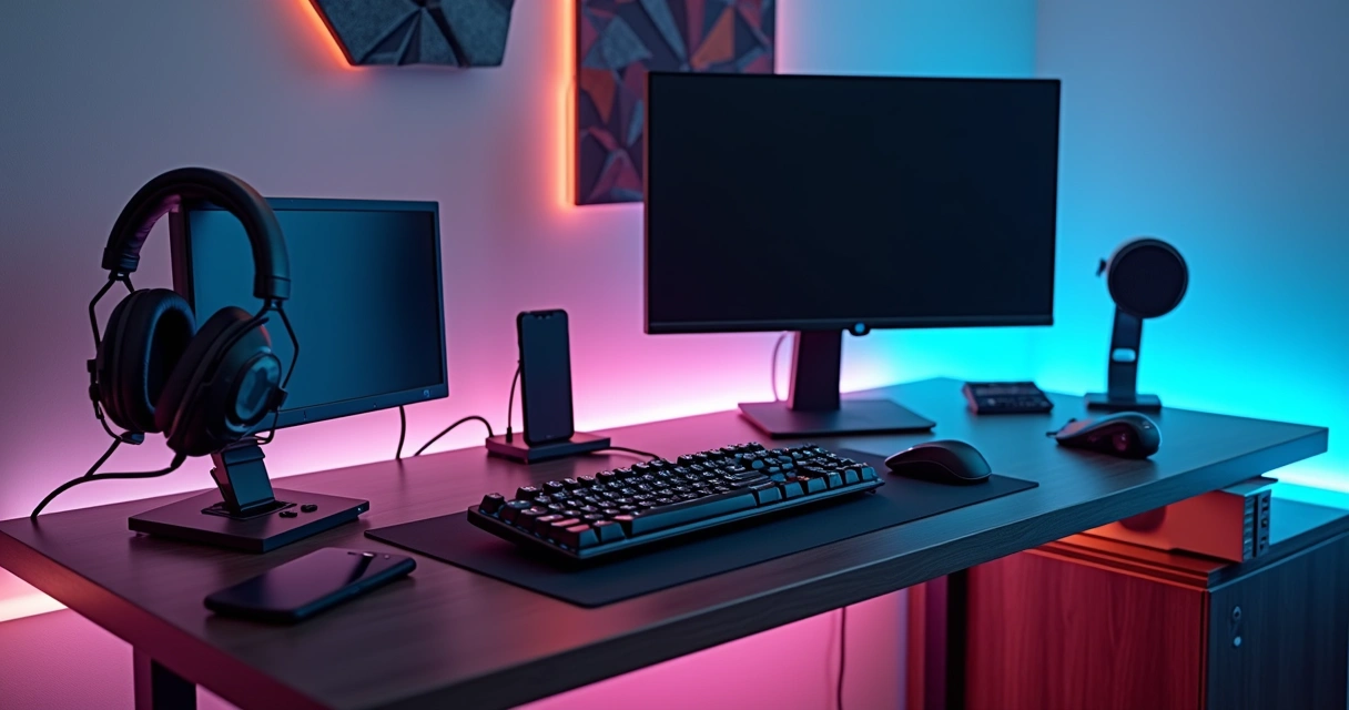 Setup gamer moderno com mesa ajustável, suporte para headset e acessórios organizados 