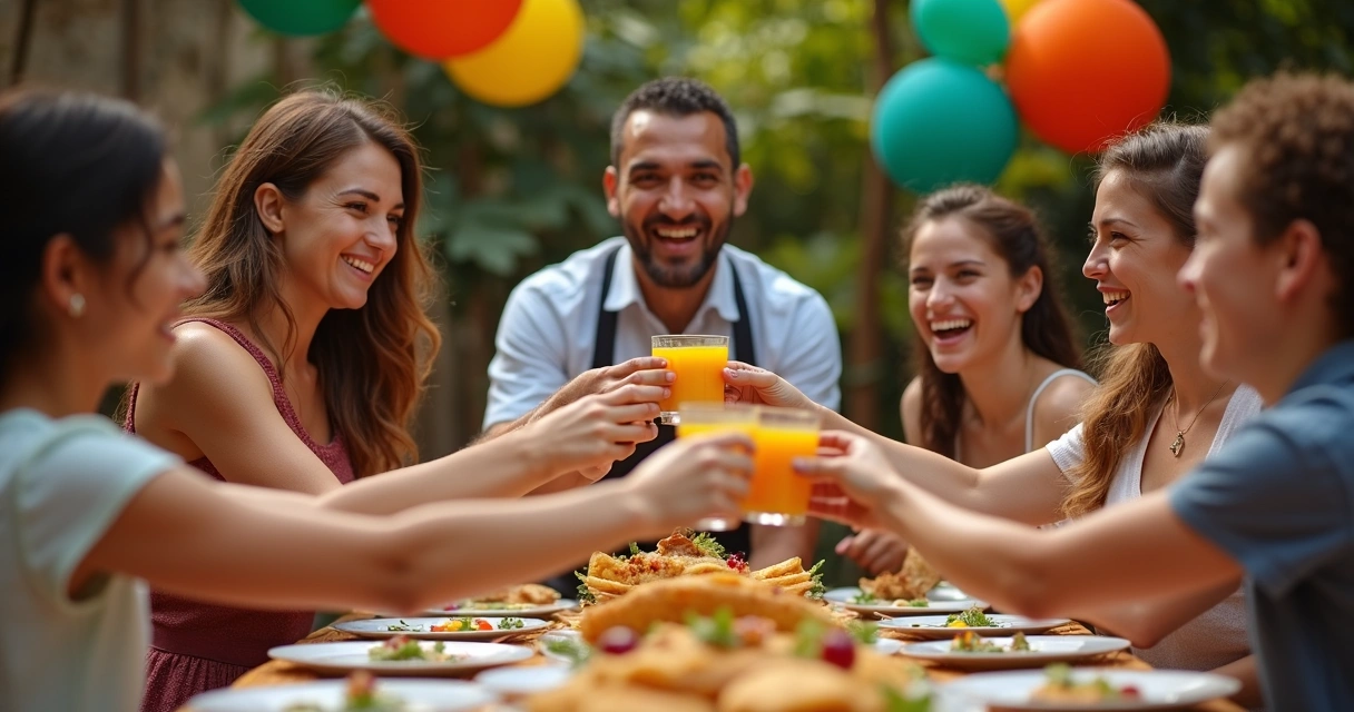 Família reunida ao redor de mesa degustando crepes em festa 