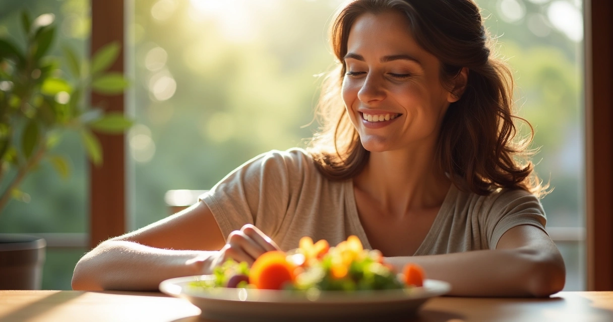 Mesa com refeição, mulher comendo devagar e sorrindo 