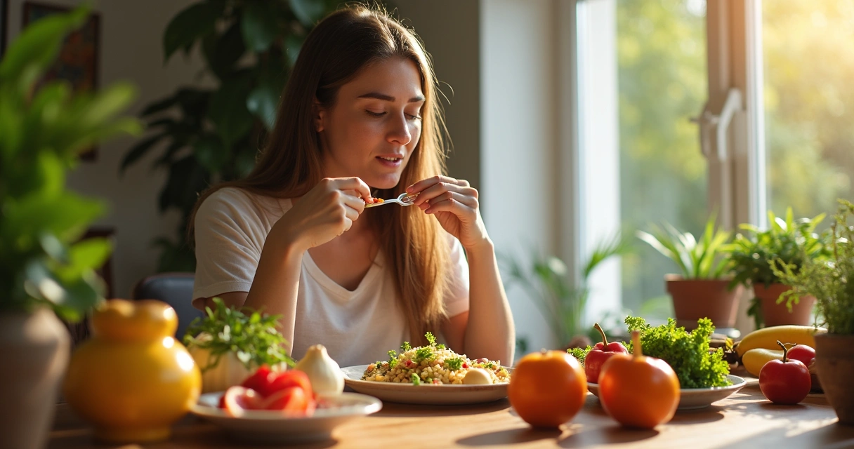 Mesa posta com alimentos naturais e pessoa comendo lentamente 