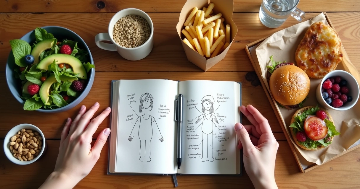 Mesa vista de cima com alimentos diversos e caderno de autoconhecimento aberto ao centro 