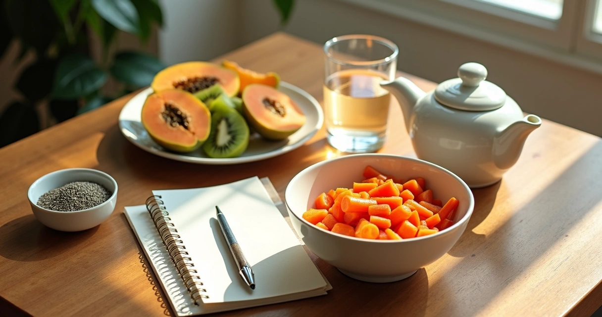 Mesa com alimentos digestivos, legumes, frutas, água e chás 