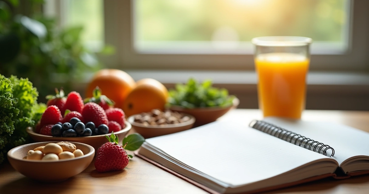 Mesa de estudo com alimentos saudáveis e coloridos