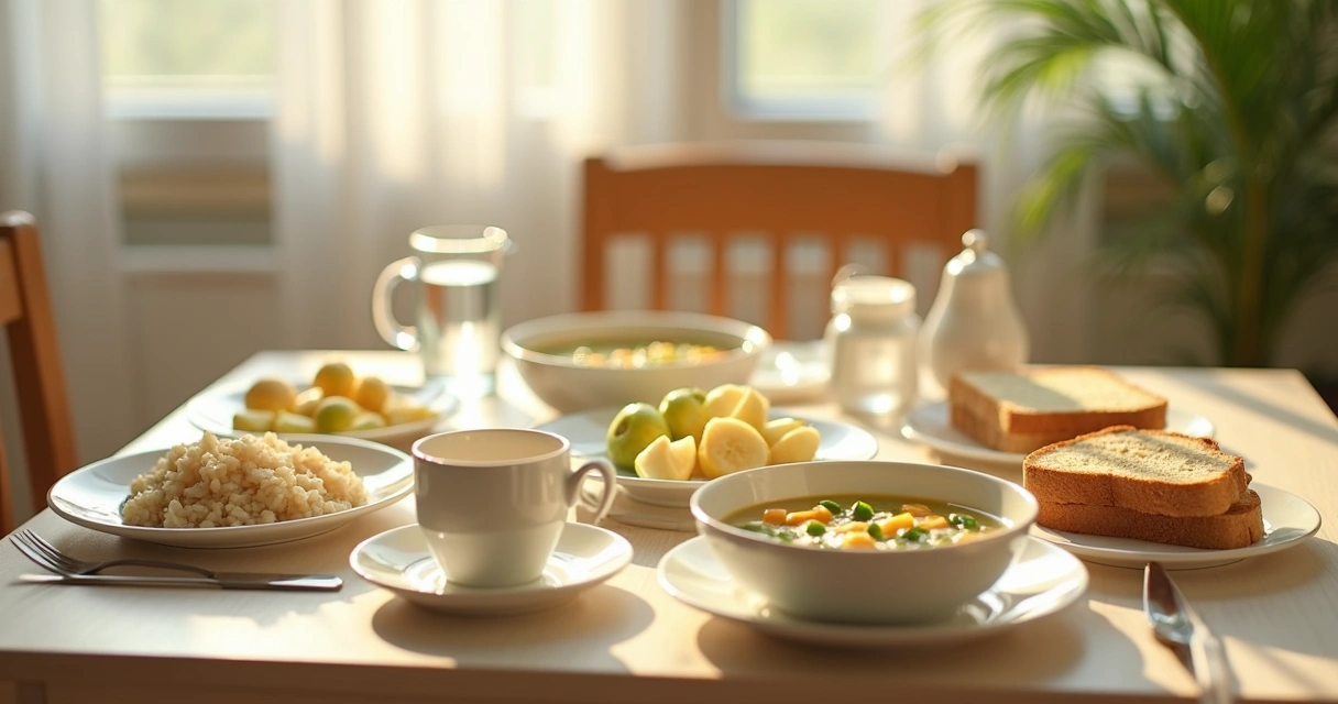 Mesa com alimentos leves e saudáveis, diferentes tipos de frutas e sopas 