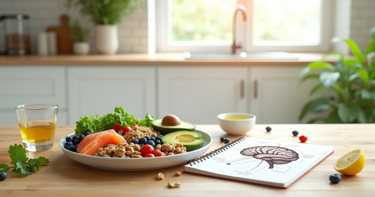 Mesa con alimentos saludables conectados a un cerebro dibujado 