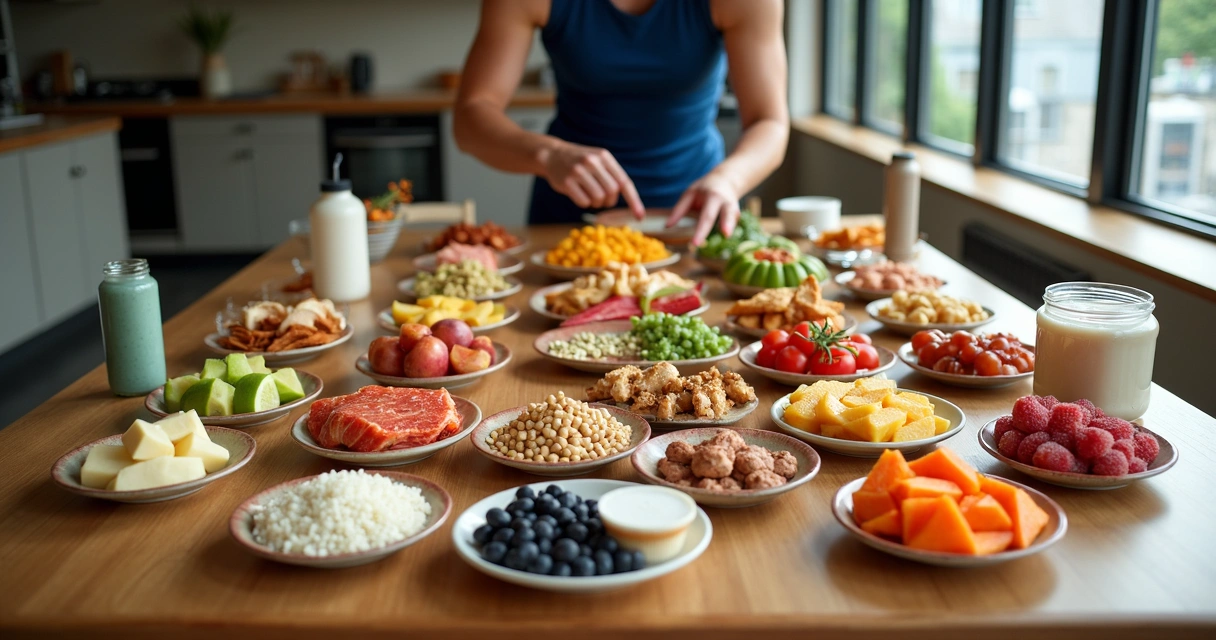 Mesa com alimentos variados e atleta montando refeições para diferentes fases 