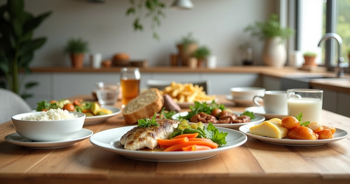 Mesa com alimentos leves organizados para dieta após retirada da vesícula biliar 