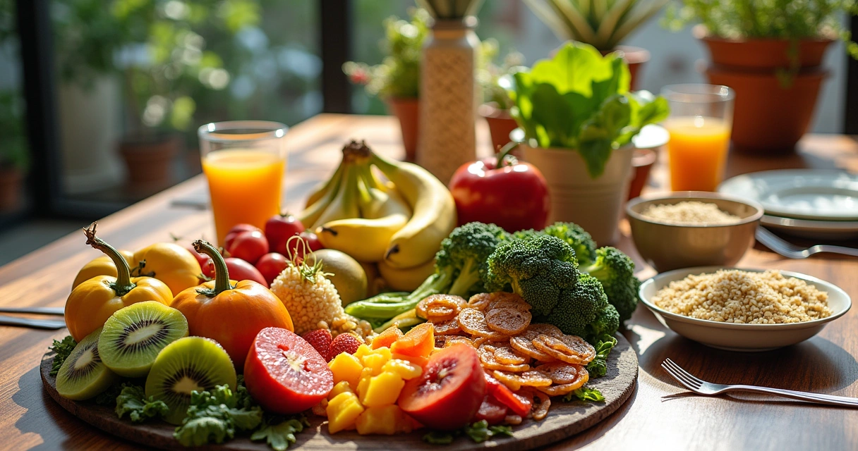 Mesa colorida com frutas, vegetais, grãos integrais e um suplemento, iluminada por luz natural.