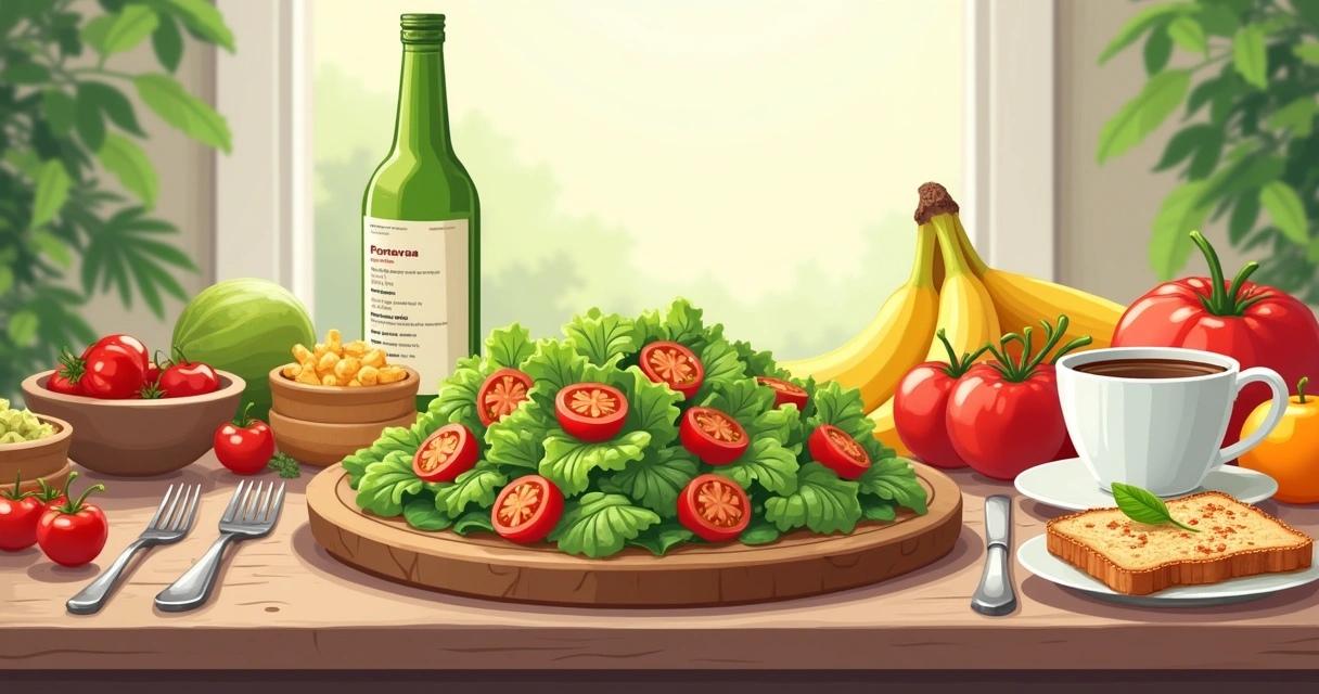 Mesa de madeira com alimentos saudáveis: salada colorida, frutas, grãos e um caderno de planejamento.