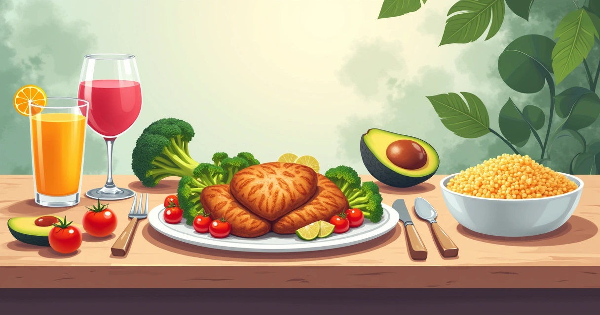 Mesa com alimentos saudáveis: frango, vegetais, arroz, abacate e castanhas, simbolizando nutrição na recuperação muscular.