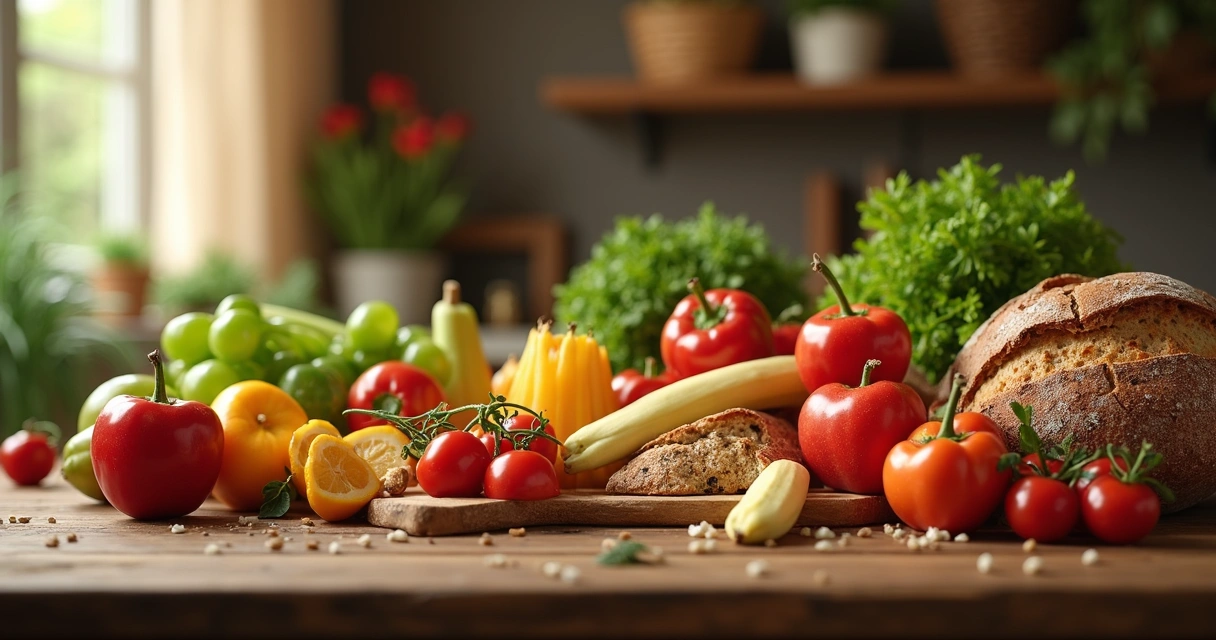 Mesa com alimentos naturais, frutas, legumes, pães integrais, luz suave, ambiente agradável. 