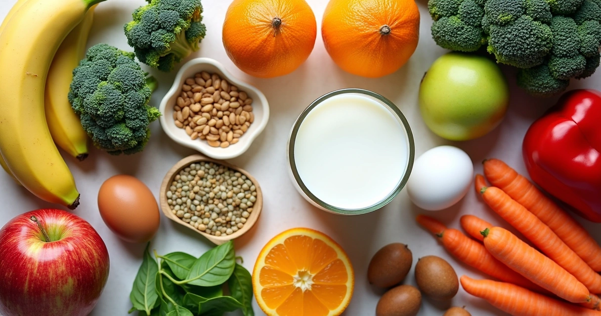 Mesa com frutas, verduras e alimentos naturais variados