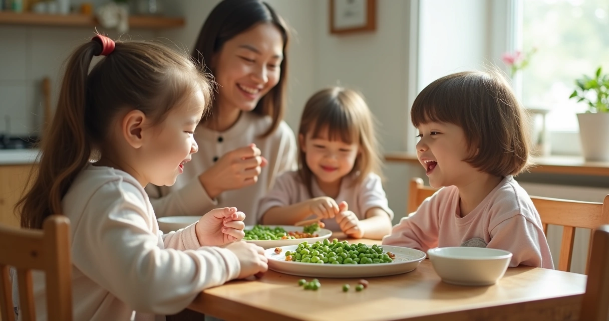 Crianças e mãe rindo durante o almoço com pratos simples na mesa 