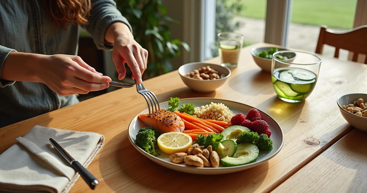 Pessoa servindo refeição colorida em mesa arrumada com atenção plena 