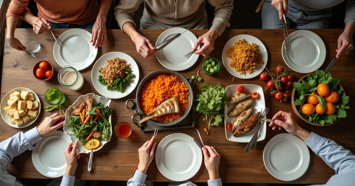 Idosos sentados à mesa com variadas opções de alimentos saudáveis 