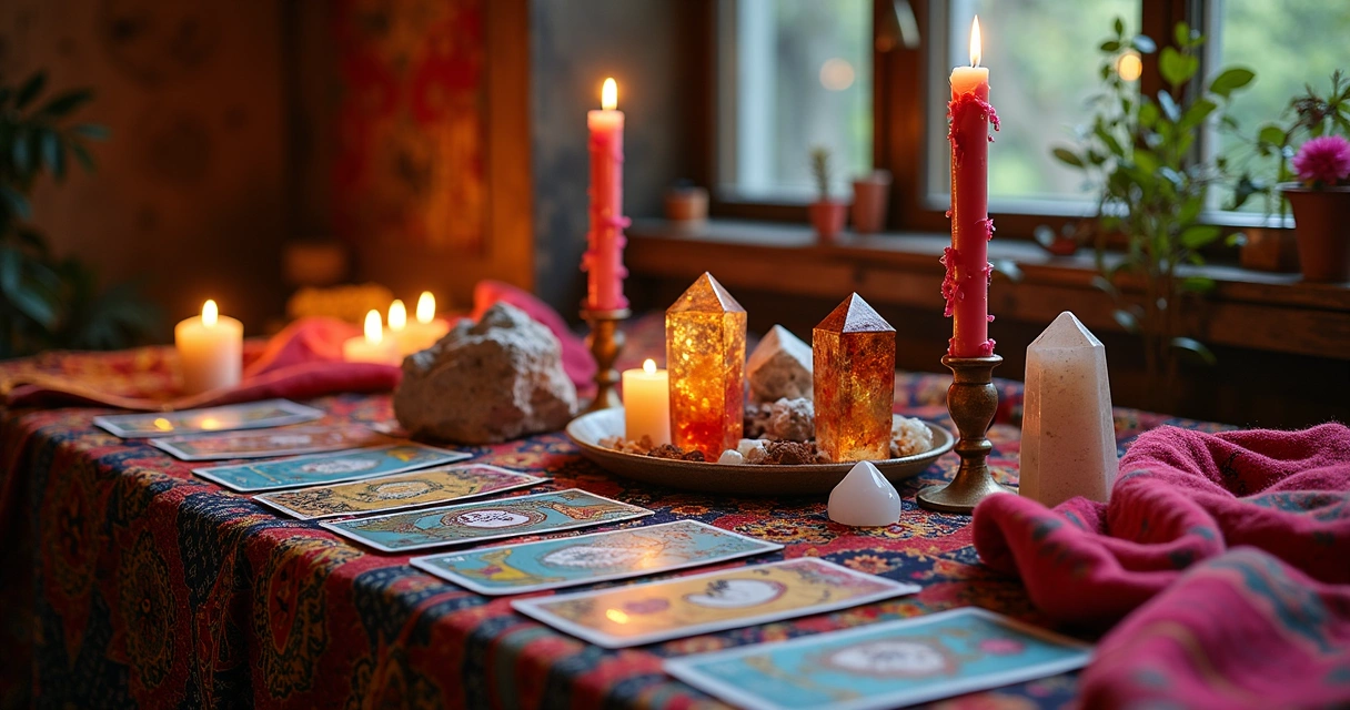 Lenços coloridos decorando um altar cigano com cartas de tarot e cristais 