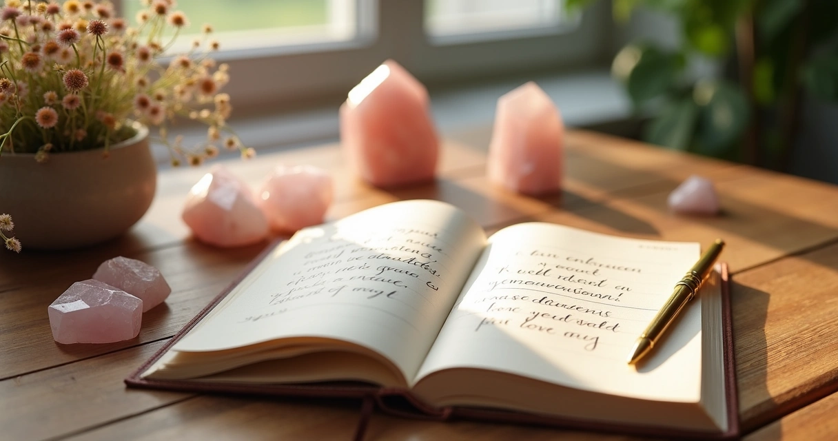Mesa de madeira com cristais, caderno e caneta 
