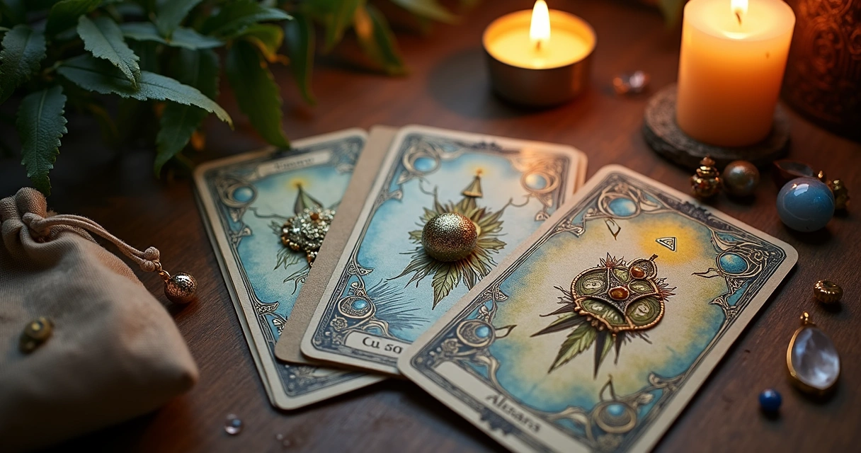 Mesa com cartas de tarot e diferentes amuletos vibrando energia 