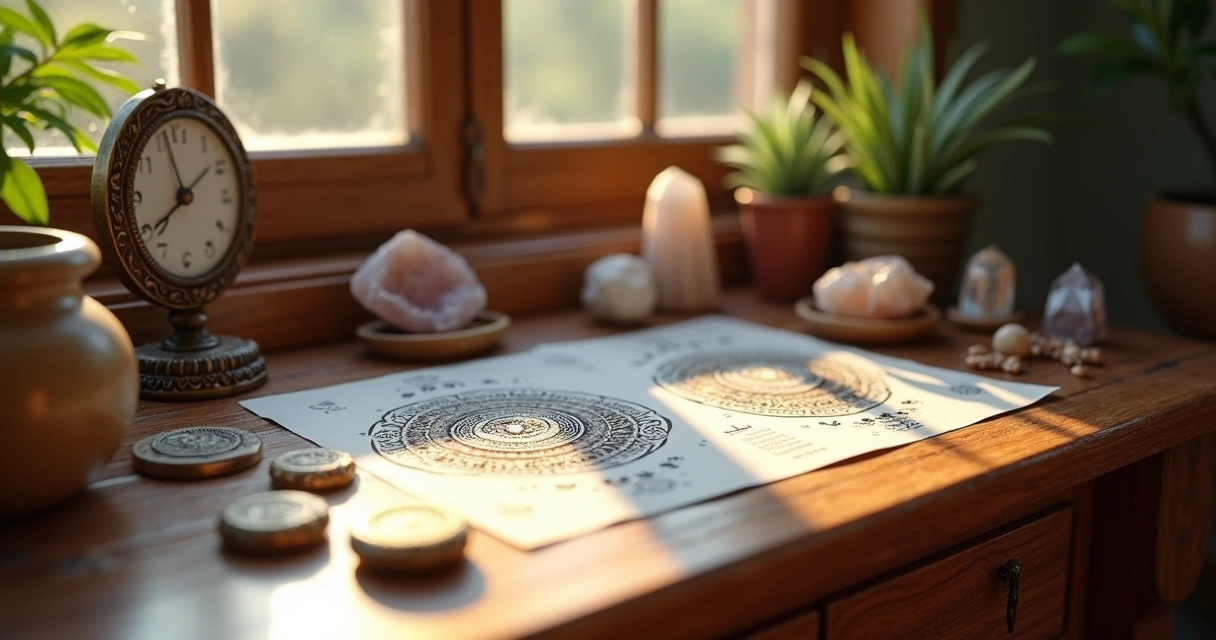 Mesa com amuletos, mandalas e cristais 