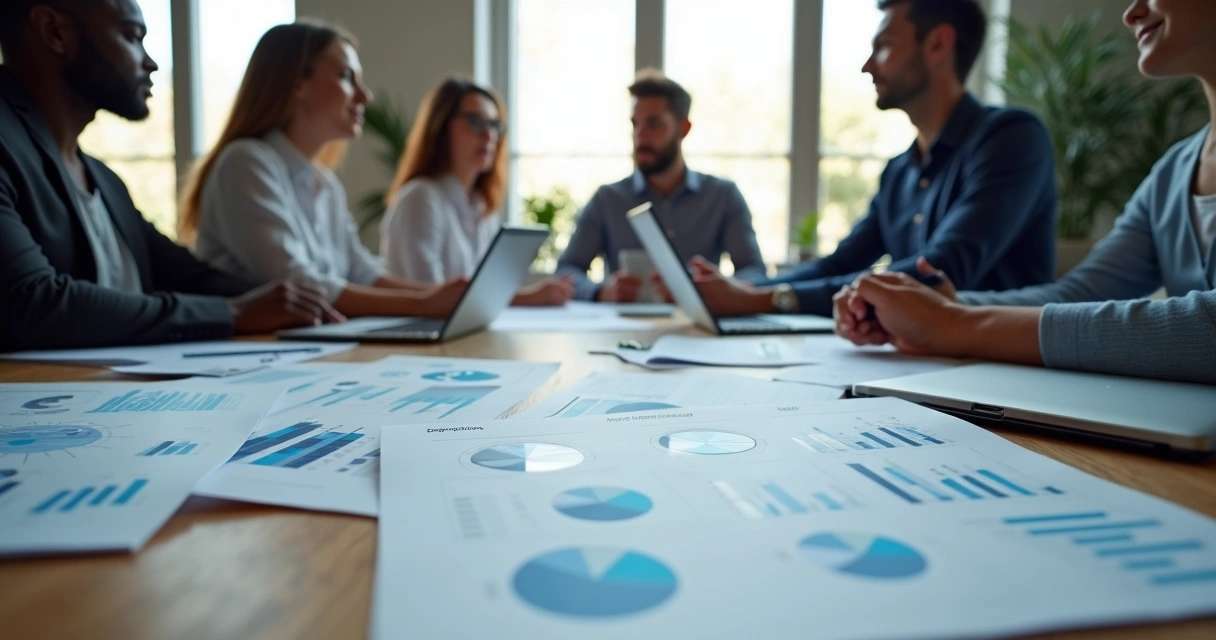 Equipe analisando dados organizados em documentos numa mesa