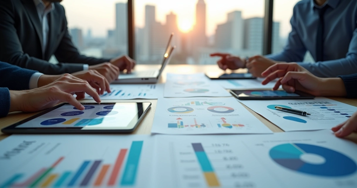 Equipe analisando relatórios de leads e estratégias de CRM na mesa 