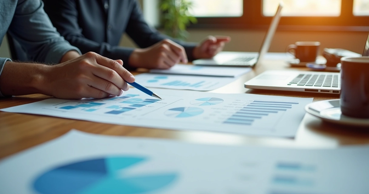 Análise de campanhas de marketing digital com gráficos e planejamentos em uma mesa 