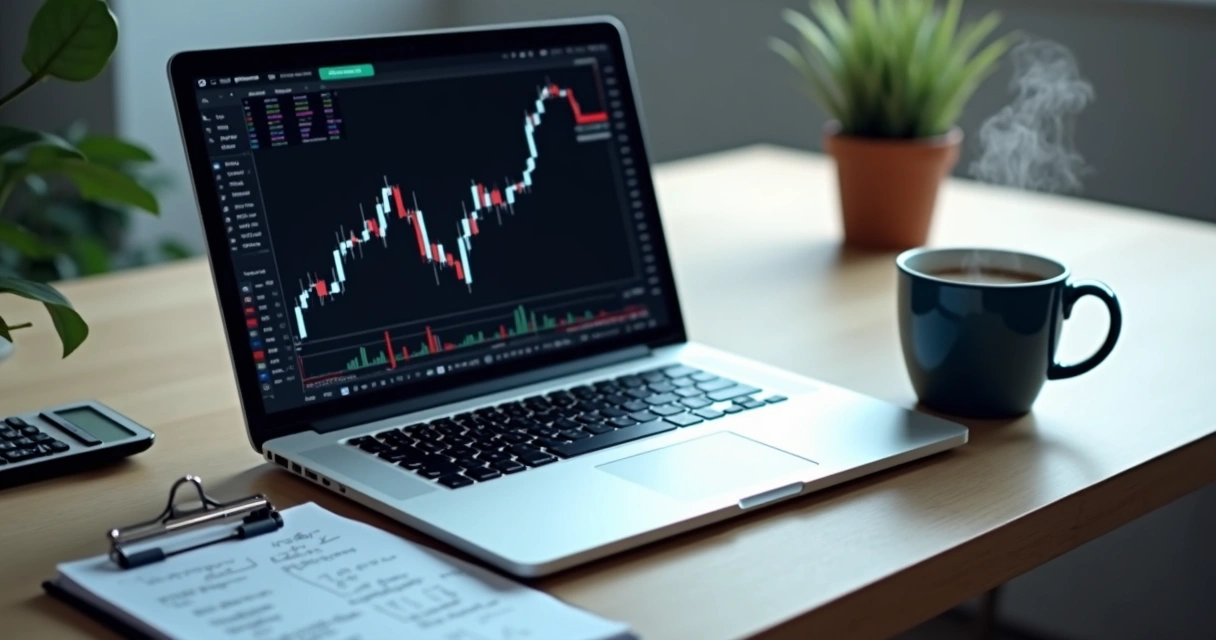 Mesa com gráficos de risco e contrato futuro aberto no notebook 