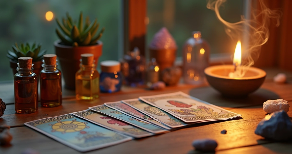 Mesa com cartas de tarot e frascos de óleo aromático 