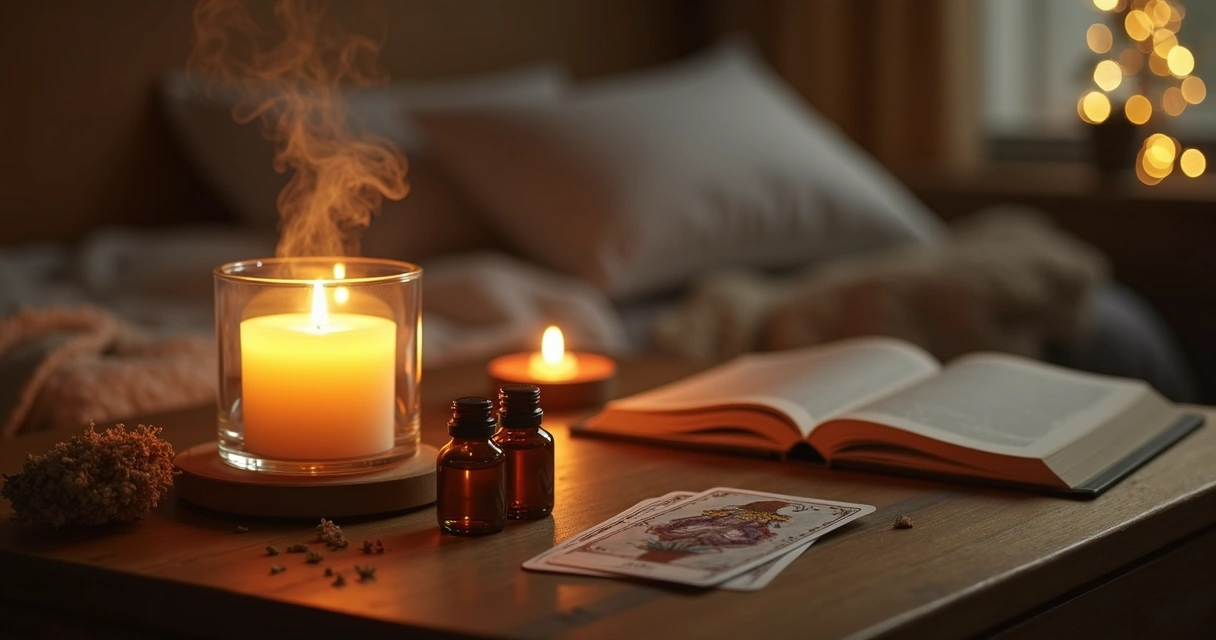 Mesa com velas, difusor e óleos para ritual noturno 