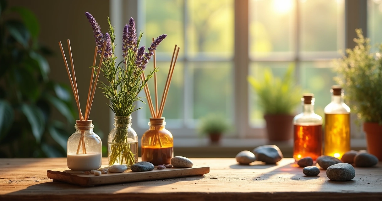 Mesa de madeira com aromatizadores naturais, ervas e pedras energéticas