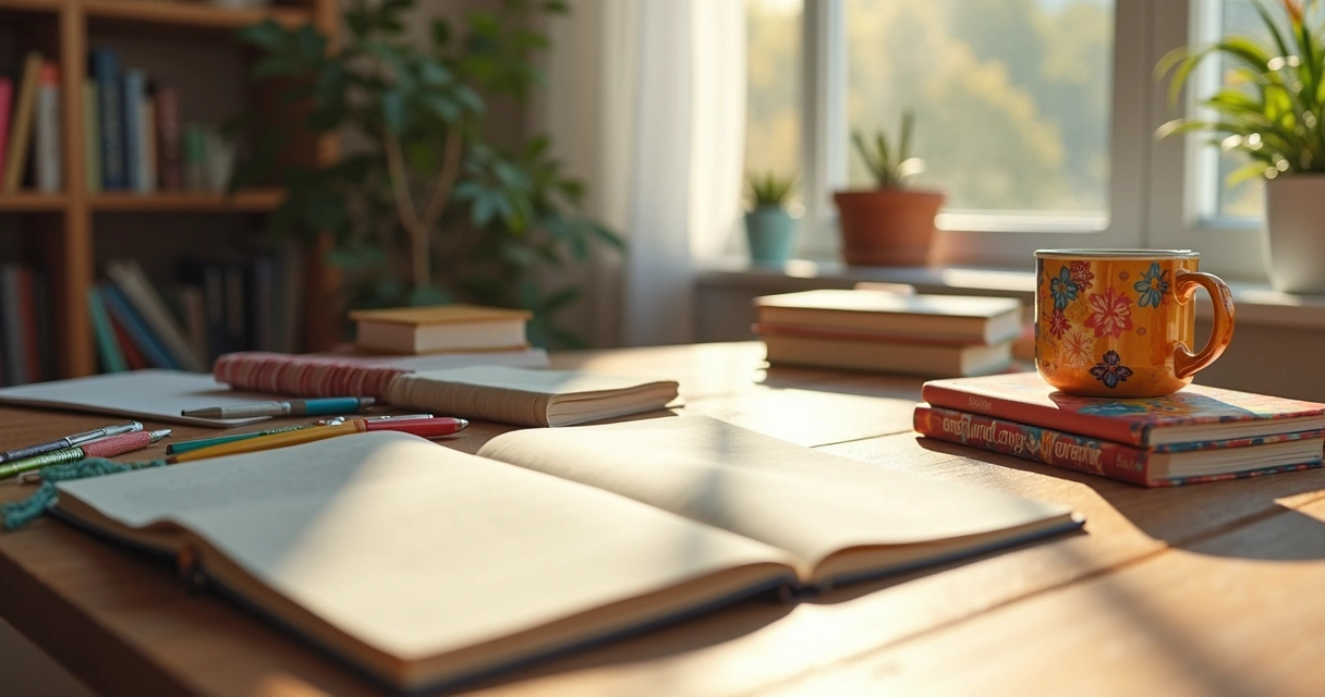 Mesa de estudo organizada com livros abertos e itens coloridos.