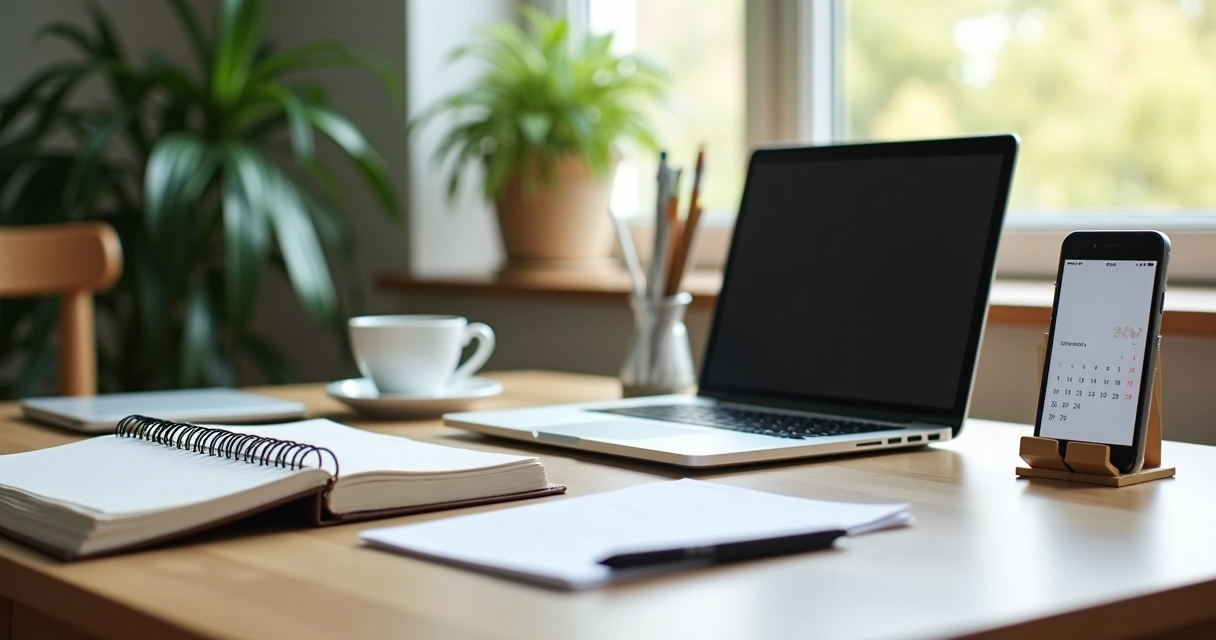 Mesa de trabalho organizada com notebook, agenda e caneca de café 