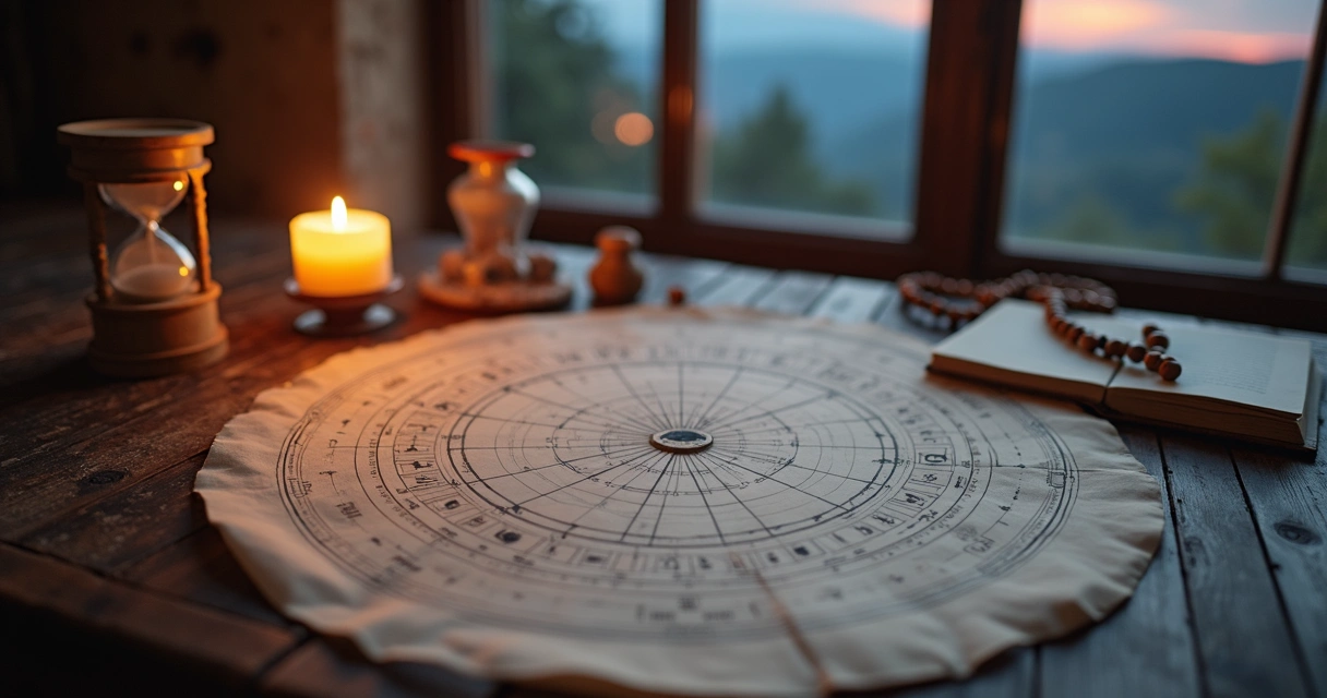 Mesa com mapa astral kármico iluminado por luz dourada sutil 