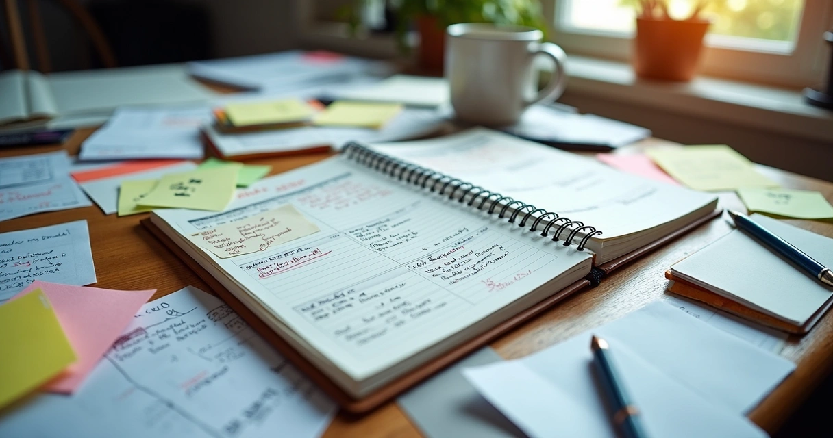 Mesa bagunçada com anotações de vendas desorganizadas 