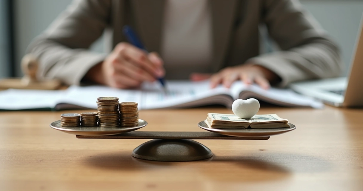 Pessoa equilibrando dinheiro e valores éticos em balança sobre mesa de trabalho 